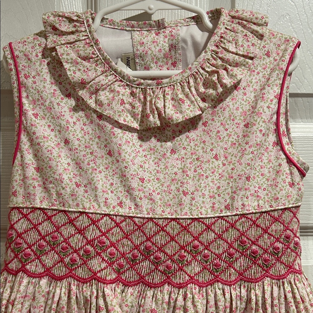 Marco & Lizzy Smocked Embroidered Pink Patterned Dress with Ruffle Collar - Picture 2 of 7